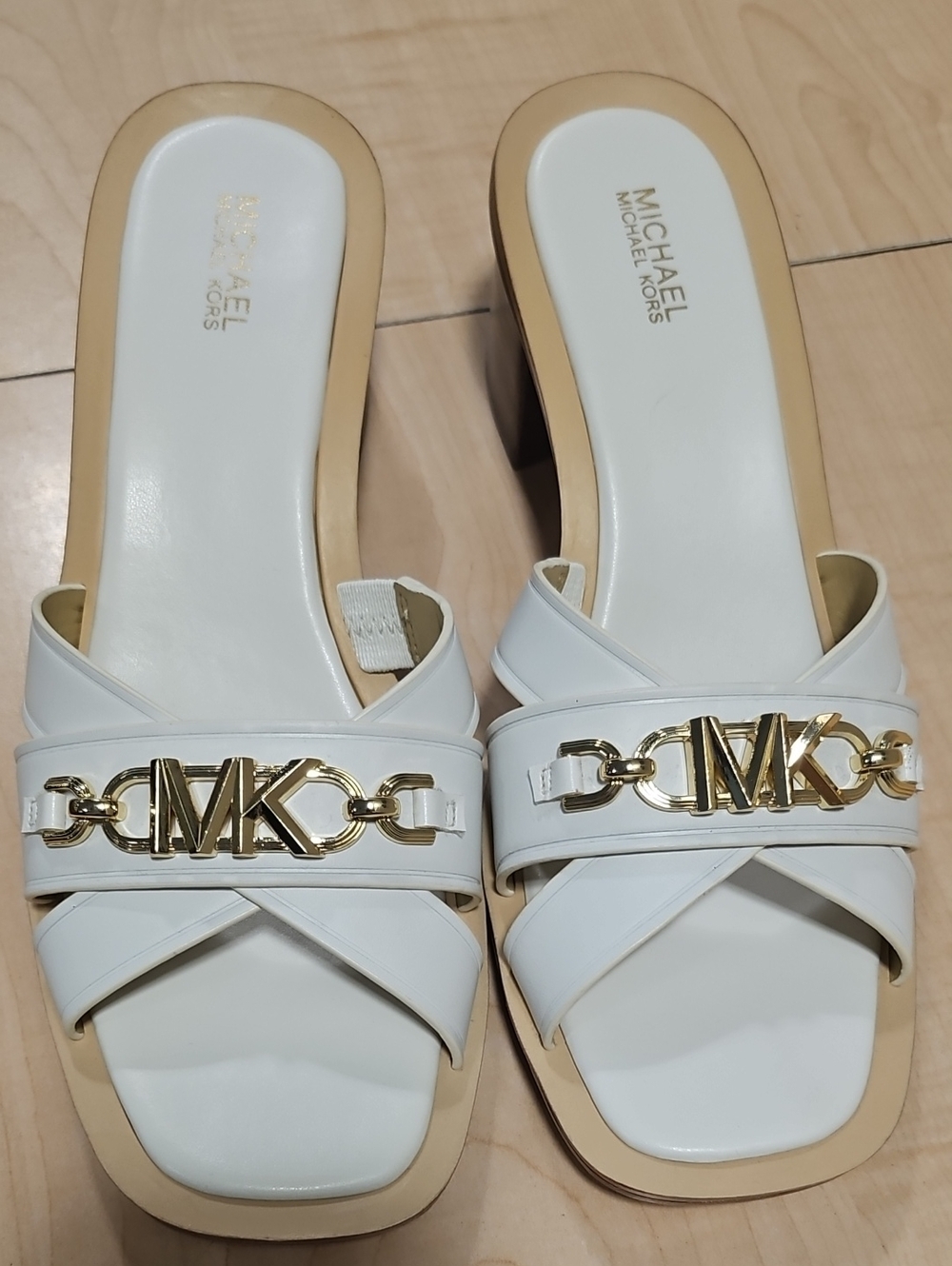 Michael Kors White Leather MK Chain Slide Mules